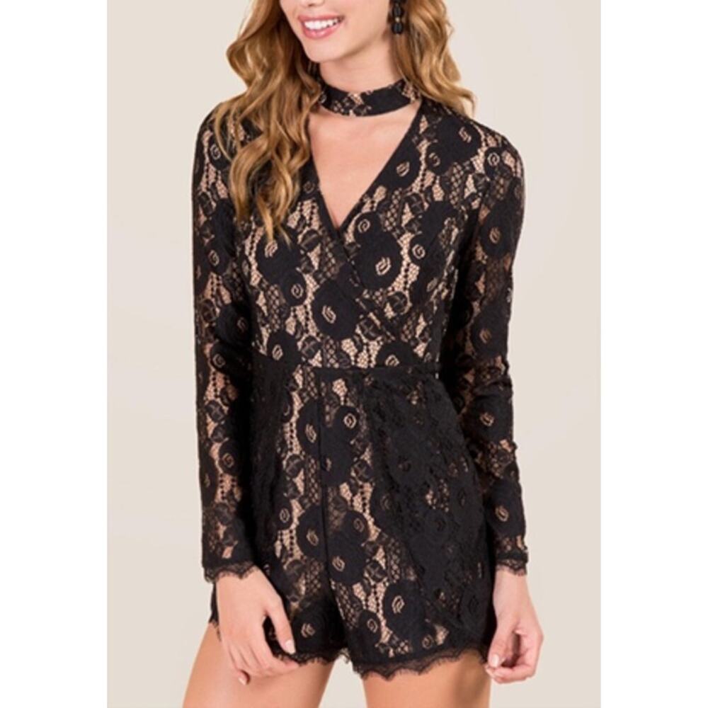 Francesca's Aura Gigi Long Sleeve Lace Romper Black Size XS